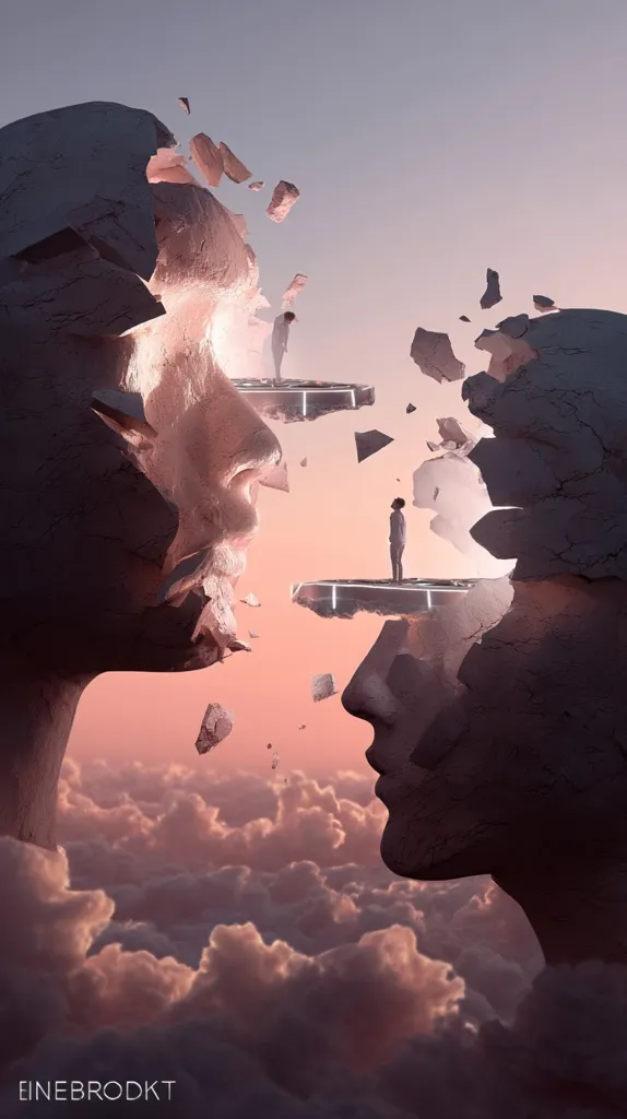 Two colossal stone faces, fractured and separated, gaze towards each other across a dreamy, cloudy expanse.  Tiny human figures stand on platforms between the faces, suggesting a connection or bridging of the gap. The scene evokes a sense of surrealism, contemplation, and perhaps the bridging of a divide or the reunification of fractured selves.  The soft, pastel colors and ethereal atmosphere contribute to the dreamlike quality of the artwork.