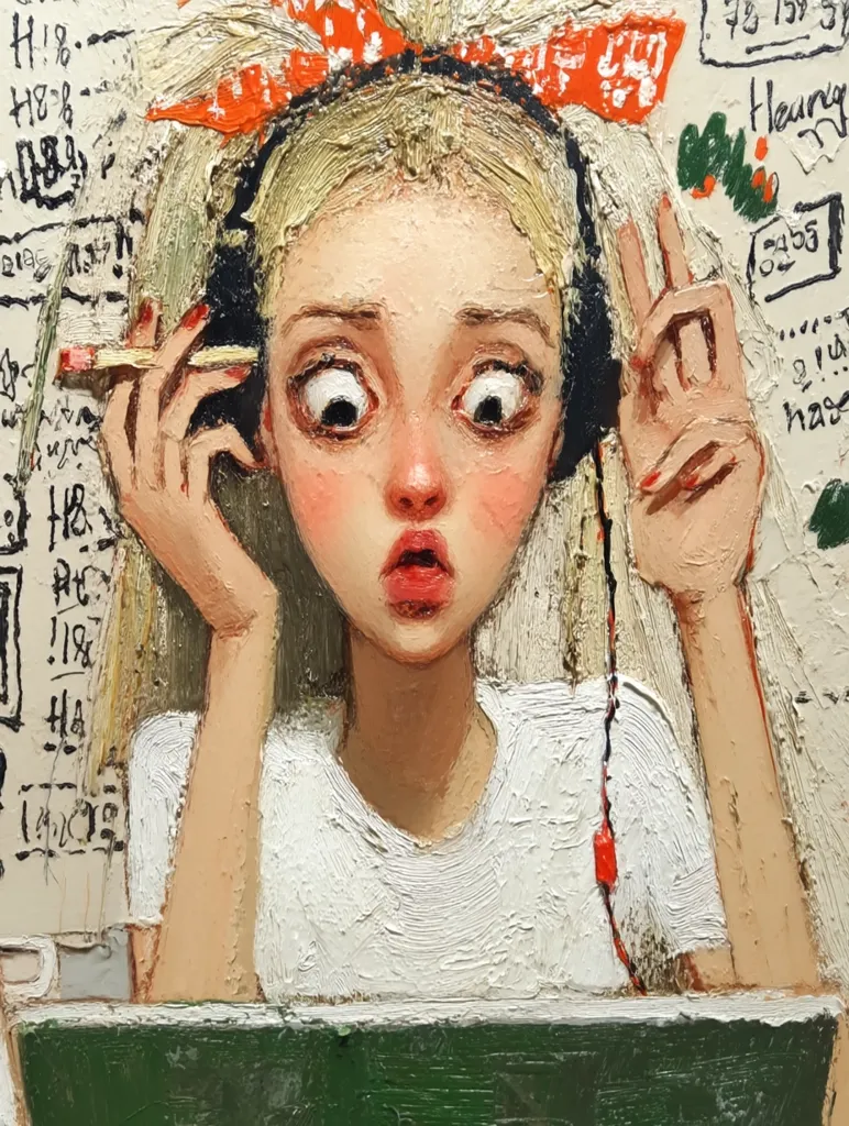 A young woman with blonde hair and a red headband sits before a laptop, a surprised expression on her face. She wears headphones and holds a pencil, appearing overwhelmed. The background is filled with scribbled notes and calculations, suggesting a busy or stressful environment. The painting style is impasto, with thick, visible brushstrokes adding texture. The overall tone is one of playful anxiety or studious concentration.