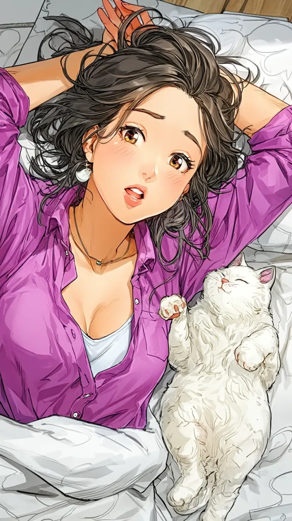 An anime-style illustration depicts a young woman with long brown hair lying in bed, wearing a purple shirt.  She has a relaxed and slightly surprised expression. A fluffy white cat lies beside her, also appearing relaxed.  The overall style is soft and dreamy, with muted colors and a focus on the characters' comfort.  The scene conveys a sense of peace and tranquility.