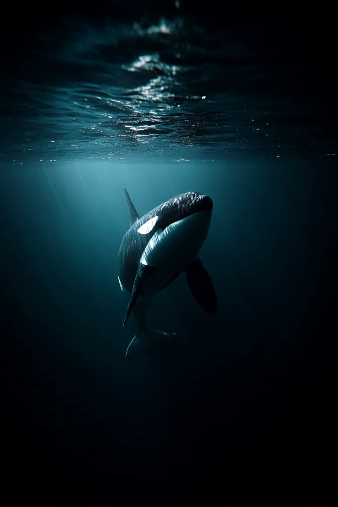 A majestic orca, powerfully built and sleek, swims in the deep ocean.  Sunlight filters from above, illuminating the whale's distinctive markings against the dark, mysterious depths. The image evokes a sense of awe and wonder at the beauty and power of this magnificent creature in its natural habitat.  The water's surface is visible above, creating a dramatic contrast between light and shadow.