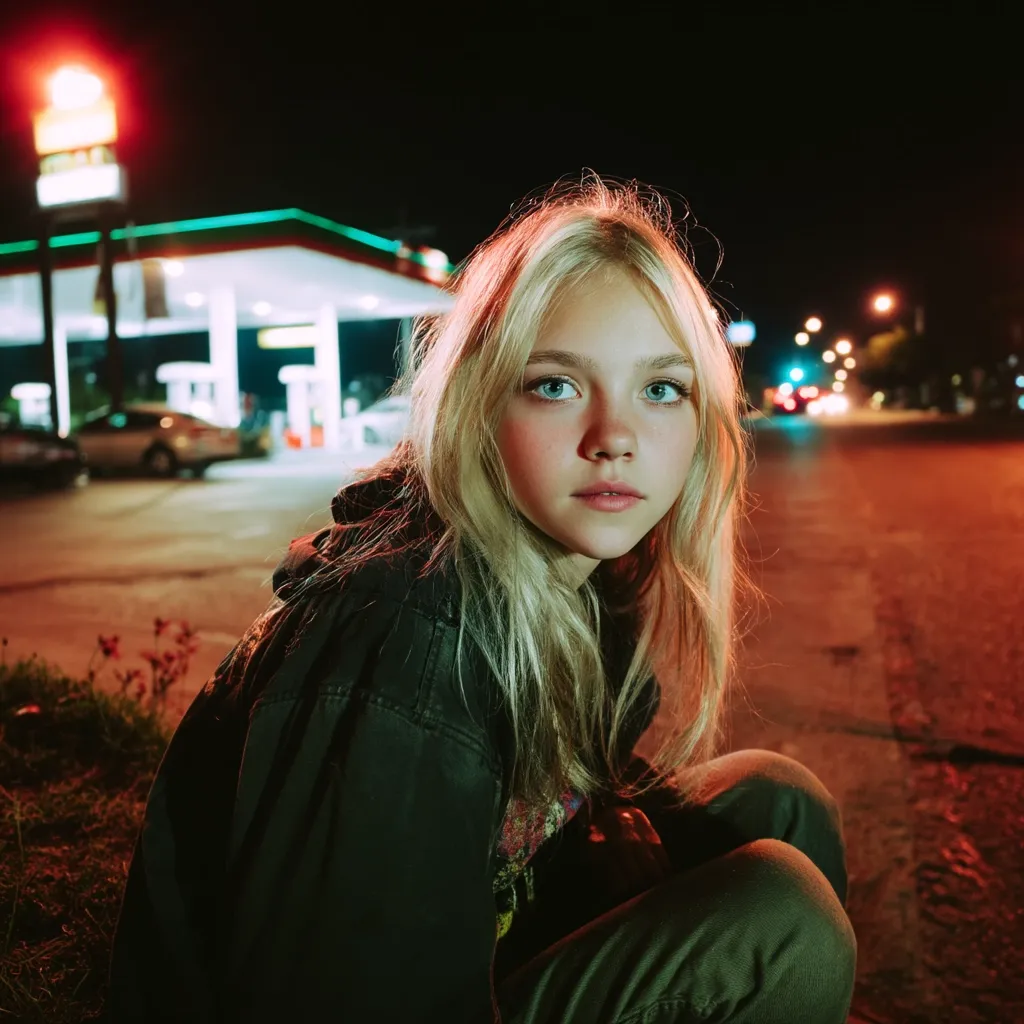 A young blonde girl sits on the curb at night, her gaze directly at the camera.  She's wearing a dark jacket and pants, her long hair partially obscuring her face.  Behind her, a brightly lit gas station and blurred streetlights create a stark contrast to her somber expression. The overall mood is moody and atmospheric.