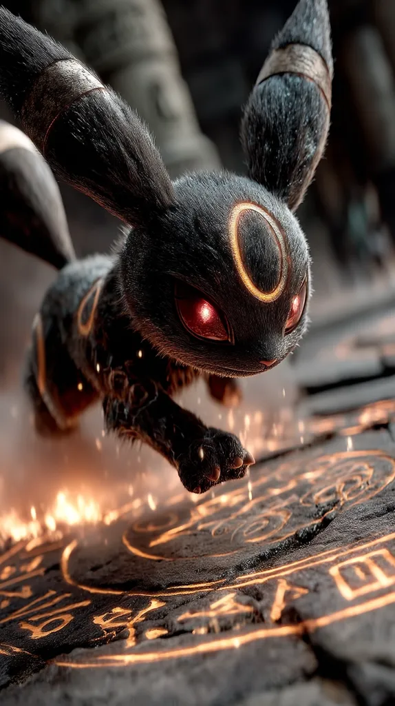 A dark, stylized Umbreon Pokémon, with glowing red eyes and golden markings, is depicted mid-stride above a glowing, etched stone circle.  Embers and sparks surround its paws, suggesting magical energy. The creature's fur is meticulously detailed, and its pose conveys intensity and power. The overall atmosphere is dark and mystical.