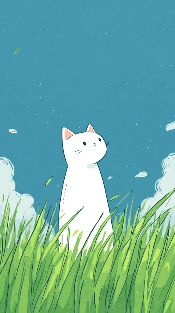 A minimalist illustration depicts a white cat standing in tall green grass against a light blue sky.  The cat is stylized, with simple lines and a serene expression, gazing upward.  Small white dots suggest a gentle breeze and distant clouds. The overall style is calming and whimsical, evoking a sense of peace and tranquility.