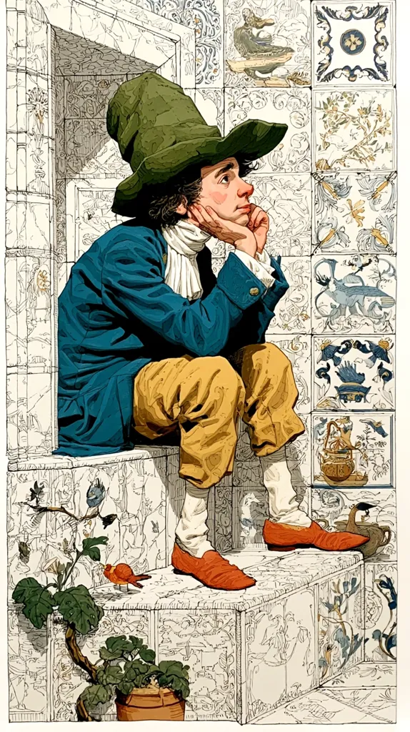 A young man in a large green hat and 18th-century attire sits pensively on a stone ledge.  He's dressed in a teal jacket and mustard-yellow breeches, his hands supporting his chin. The background features intricately detailed tiles depicting birds and floral patterns. Small plants and birds are also present in the foreground, adding to the whimsical, detailed scene. The overall style is reminiscent of a finely illustrated book or print.