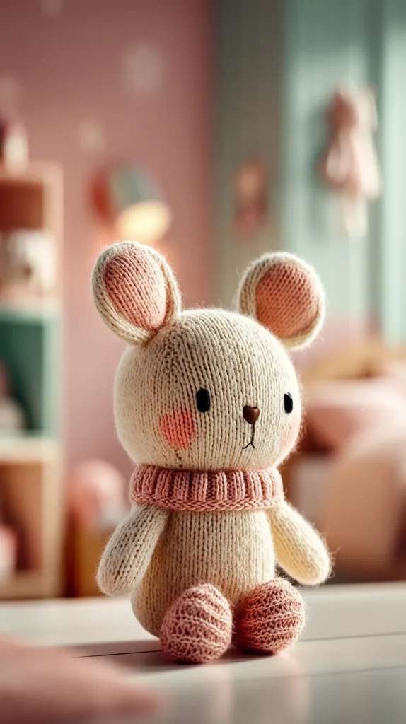 A charming hand-knitted mouse toy sits on a white surface.  The mouse is predominantly cream-colored with blush pink accents on its ears, cheeks, and booties.  It wears a matching pink knitted scarf. The background is softly blurred, showing a child's bedroom with pastel colors and soft toys. The overall image evokes a feeling of warmth and gentle childhood.