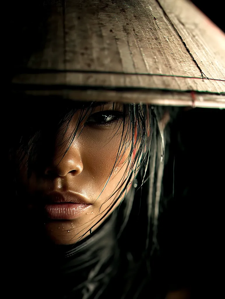 A close-up, dramatic portrait of a woman. She wears a traditional Asian conical hat, partially obscuring her face.  Her dark hair is wet, clinging to her face, and her expression is serious, almost stoic.  The lighting is moody, with deep shadows contrasting against highlighted features, creating a mysterious and captivating image.  The overall feel is one of intrigue and strength.