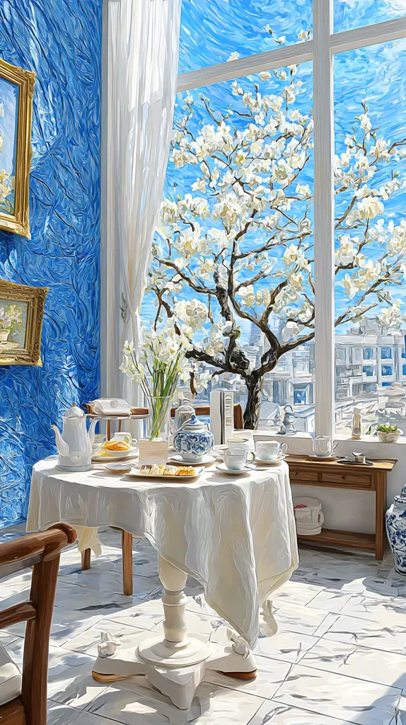 A sunlit room with blue walls and white curtains features a table set for tea.  A flowering tree is visible through a large window, adding a springtime feel.  The table is adorned with a white tablecloth, teacups, a teapot, and pastries.  Gold-framed paintings hang on the wall, enhancing the elegant ambiance.  The overall style is reminiscent of Impressionist art.