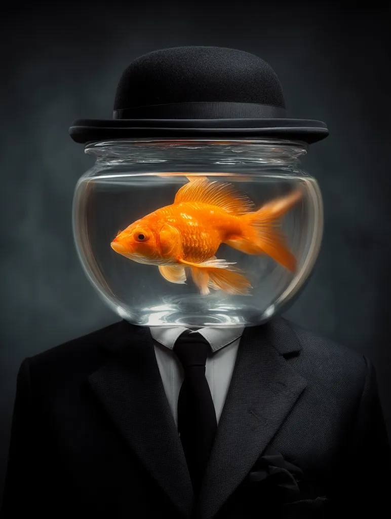 A surreal image depicts a man in a black suit and bowler hat.  His head is replaced by a fishbowl containing a single goldfish. The juxtaposition of formal attire and aquatic life creates a striking and thought-provoking visual.  The dark background emphasizes the unusual composition, leaving the viewer to interpret the symbolism.