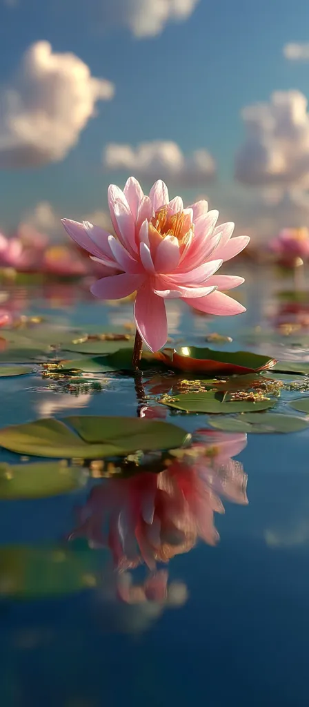 A delicate pink water lily blossoms in a serene pond, its reflection mirrored perfectly on the still water's surface.  The lily's vibrant petals contrast beautifully against the calm blue water and a backdrop of fluffy white clouds under a bright sky.  Other water lilies are visible in the background, creating a peaceful and picturesque scene.