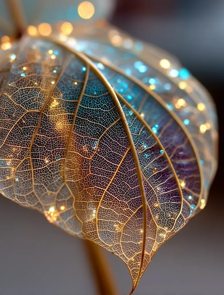 A delicate, translucent leaf, its intricate vein structure highlighted by embedded golden and teal lights. The leaf's skeleton-like form is beautifully illuminated, creating a magical and ethereal effect.  The background is softly blurred, focusing attention on the leaf's intricate beauty.  The overall impression is one of delicate artistry and natural wonder.