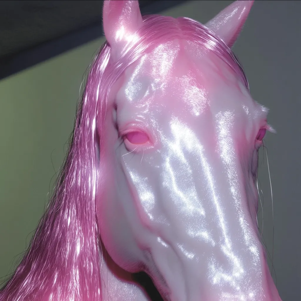 Close-up of a horse's head, digitally rendered with an ethereal, pink hue.  Its long mane flows dramatically, the skin appearing smooth and almost iridescent. The pink light casts a subtle glow, enhancing the surreal and dreamlike quality of the image.  The horse's eyes are partially visible, adding to its mysterious and captivating gaze.