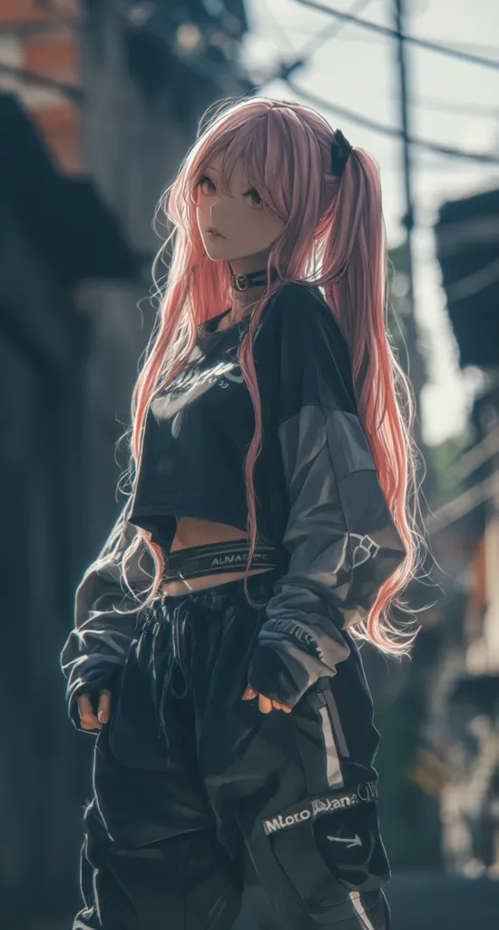 A stylish anime girl with long pink twintails stands in a city alley. She's dressed in dark, streetwear-inspired clothing: a black cropped top, grey-accented jacket, and dark cargo pants with white detailing. Her expression is serious, and she looks directly at the viewer. The urban background is blurred, emphasizing the figure. The overall aesthetic is edgy and fashionable.