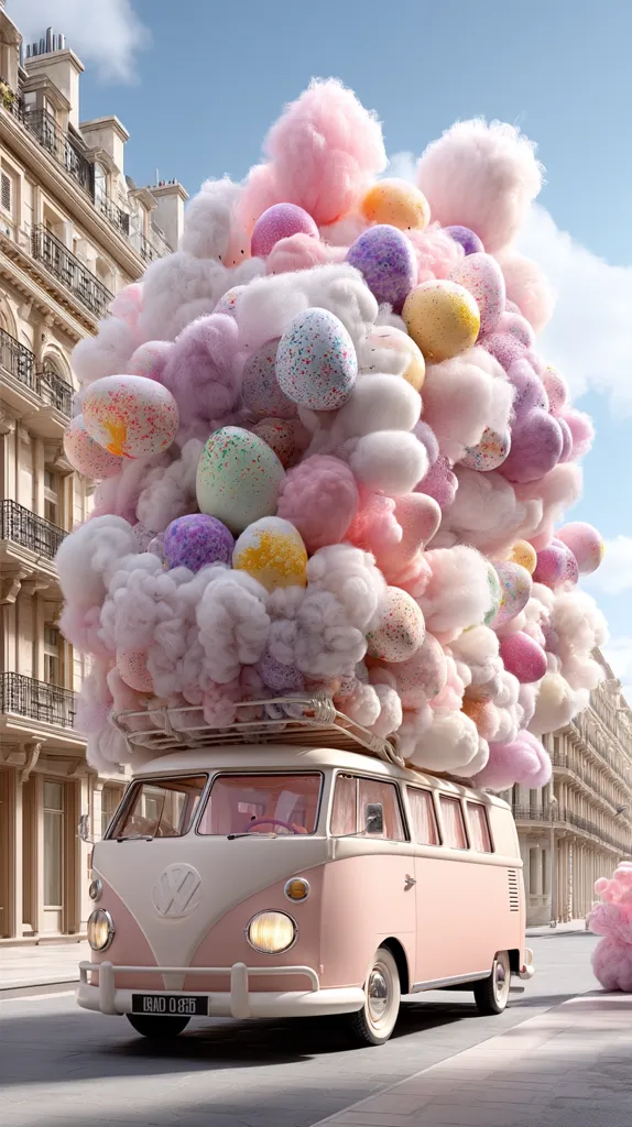 A pastel pink Volkswagen bus is laden with a whimsical cargo: a giant cloud of cotton candy, interspersed with pastel-colored speckled eggs.  The vehicle is parked on a Parisian street, the elegant buildings providing a backdrop to this fantastical Easter-themed scene. The overall effect is dreamy and surreal.