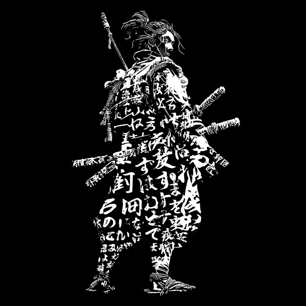 A stylized illustration of a samurai, rendered in stark black and white.  The figure is depicted from the back, their form composed entirely of densely packed Japanese kanji characters. Two katana swords are sheathed at their hip, adding to the warrior aesthetic.  The overall effect is one of powerful minimalism and cultural significance.