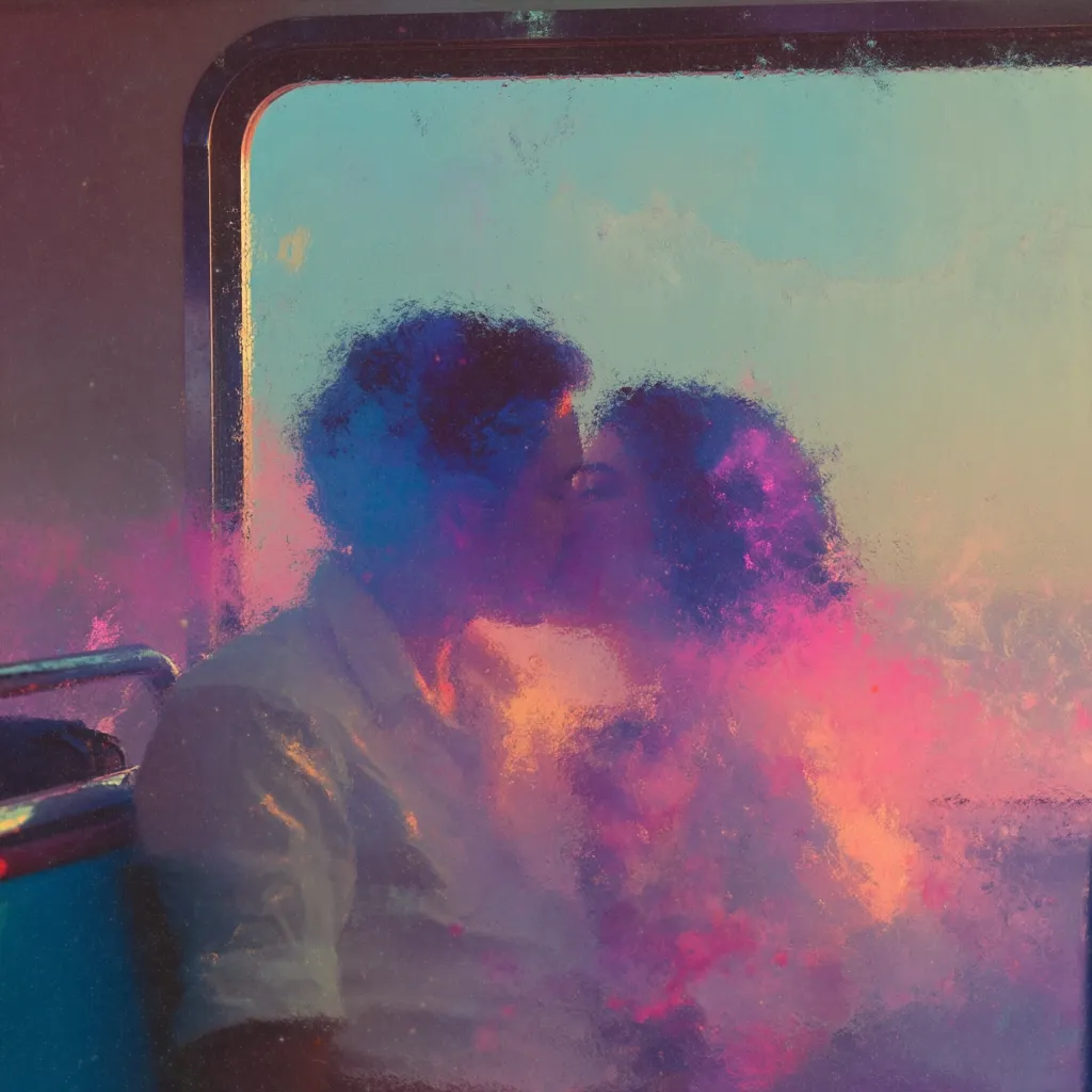 A hazy, impressionistic painting depicts a couple kissing through a window on what seems to be a train or bus.  The figures are indistinct, rendered in swirling purples, blues, and pinks, blending with a colorful sunset reflected outside.  The overall effect is romantic and dreamlike, emphasizing emotion over precise detail. The scene is viewed through a slightly textured, possibly frosted, windowpane.