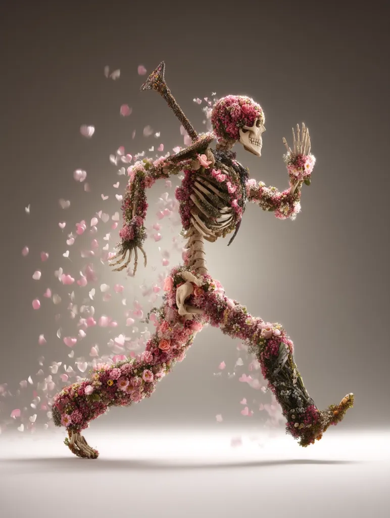 A striking image depicts a skeletal figure seemingly composed of blossoms and foliage, running dynamically.  Pink and red flowers adorn the bones, creating a surreal contrast between life and death.  Petals scatter behind, enhancing the sense of motion.  A whimsical element is present, possibly a musical instrument, attached to the skeletal back. The overall mood is one of ethereal beauty and poignant juxtaposition.