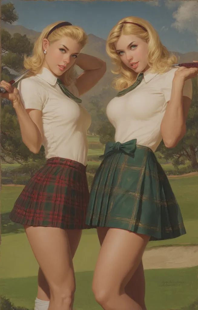 Two blonde women, dressed in matching white collared shirts and plaid skirts, pose on a golf course.  Their hair is styled in a similar fashion, and they hold golf clubs.  The setting is idyllic, with rolling green hills and trees in the background.  The painting style is reminiscent of classic pin-up art.