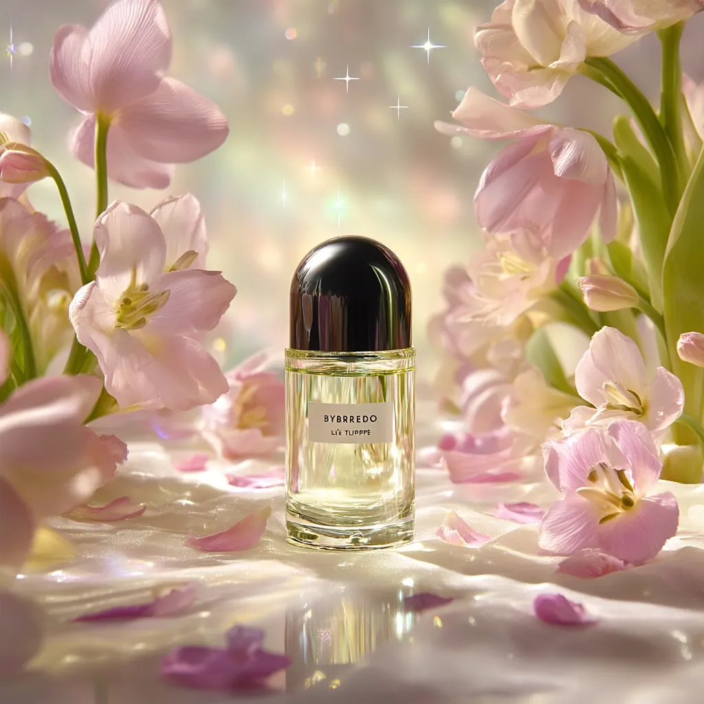 A bottle of Byredo Lil' Tuppe perfume sits on a white fabric surface surrounded by pink tulips and petals. The perfume bottle is cylindrical with a dark gray dome-shaped cap.  The background is softly lit with a dreamy, ethereal quality.  The overall image evokes a feeling of delicate beauty and femininity.
