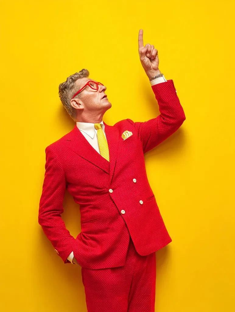 A stylish older man in a vibrant red suit and red-rimmed glasses stands against a sunny yellow background.  His right arm is raised, index finger pointing upwards, as if making a point or indicating something above. He wears a yellow tie and a pocket square, adding a pop of contrasting color to his bold outfit.  His expression is thoughtful and engaged.