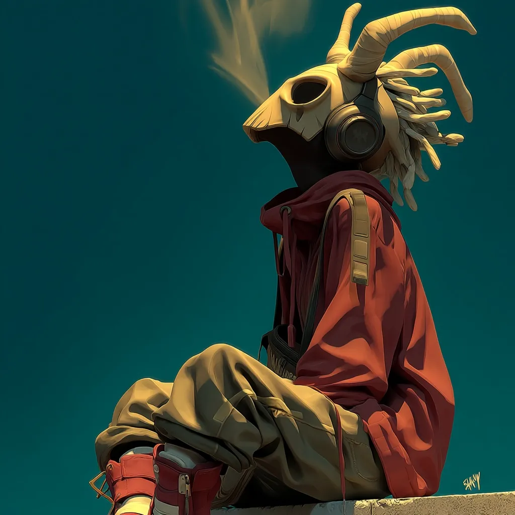 A stylized digital painting depicts a figure seated, wearing a skull-like mask with horns and large headphones, a red hoodie, and khaki pants.  The mask's design is intricate, and smoke subtly emanates from it. The figure's pose is relaxed, almost contemplative, against a teal backdrop.  The overall aesthetic is a blend of futuristic and mystical elements.