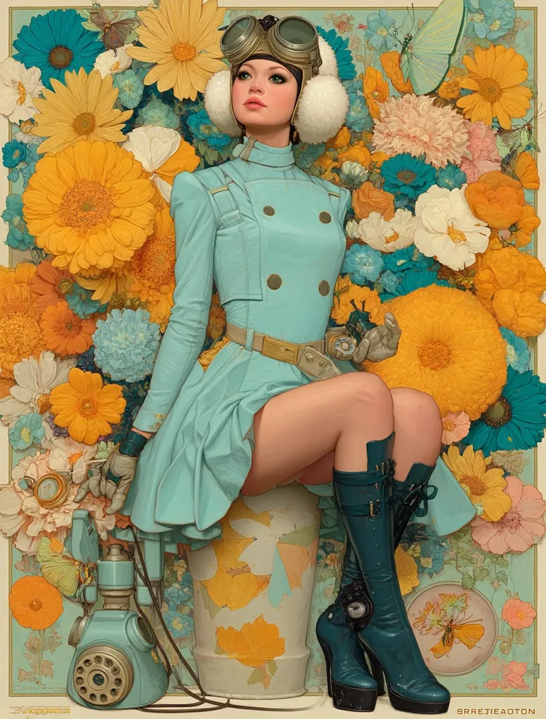 A woman in a teal, retro-futuristic dress and goggles sits amidst a vibrant floral arrangement.  She wears high-heeled green boots and holds a vintage rotary telephone.  Butterflies and other insects are subtly incorporated into the artwork's background, creating a whimsical, Art Deco-inspired aesthetic. The overall style is detailed and highly stylized.