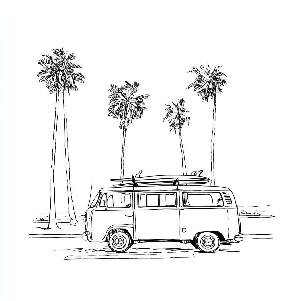 A hand-drawn sketch depicts a vintage VW bus parked near a beach.  Three surfboards are strapped to its roof. Tall palm trees line the background, creating a classic California beach scene. The style is simple, line-based, with a focus on capturing the essence of a carefree, surf-inspired lifestyle. The image evokes a sense of freedom and adventure.