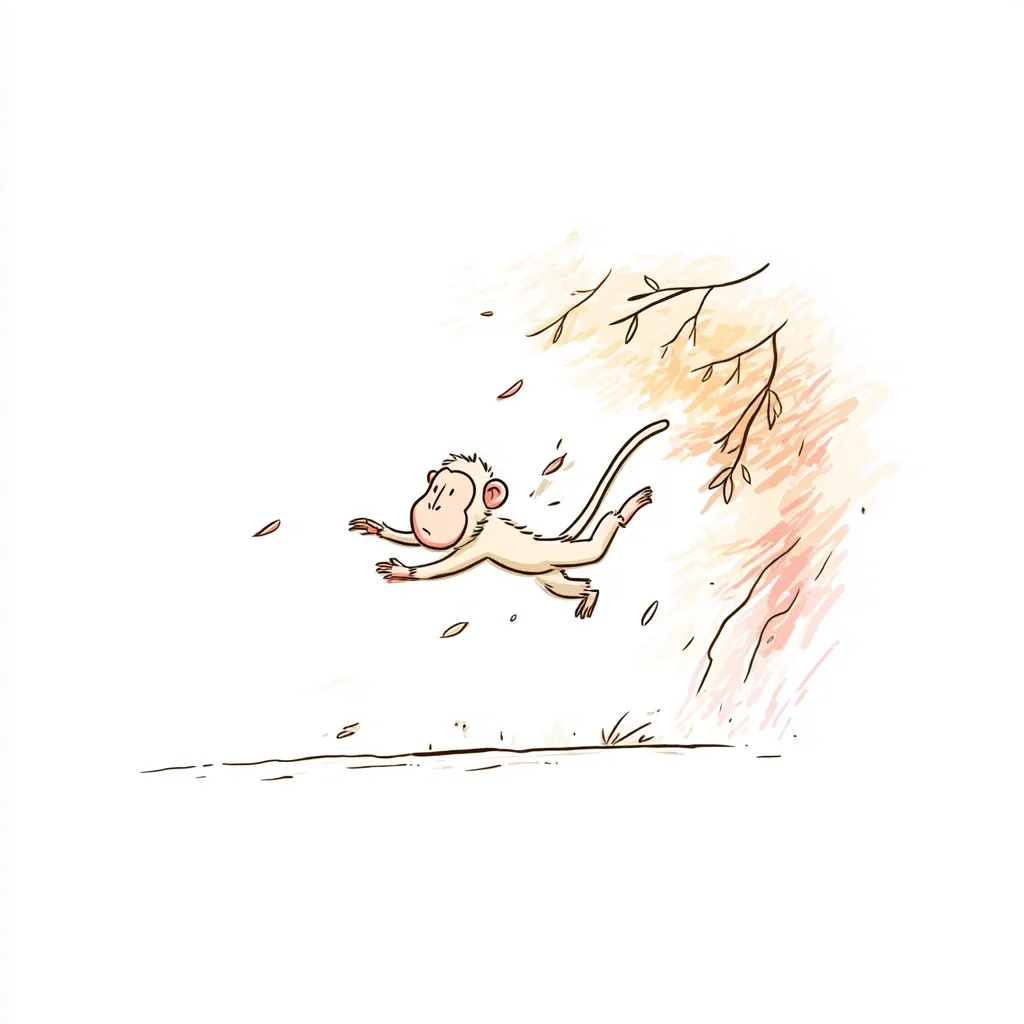A small monkey with light fur tumbles through the air, leaves swirling around it.  It appears to have fallen from a branch of a tree, the leaves of which are depicted in muted orange and brown tones.  The style is whimsical and cartoonish, suggesting a lighthearted narrative. The monkey's expression is one of mild surprise or concern.