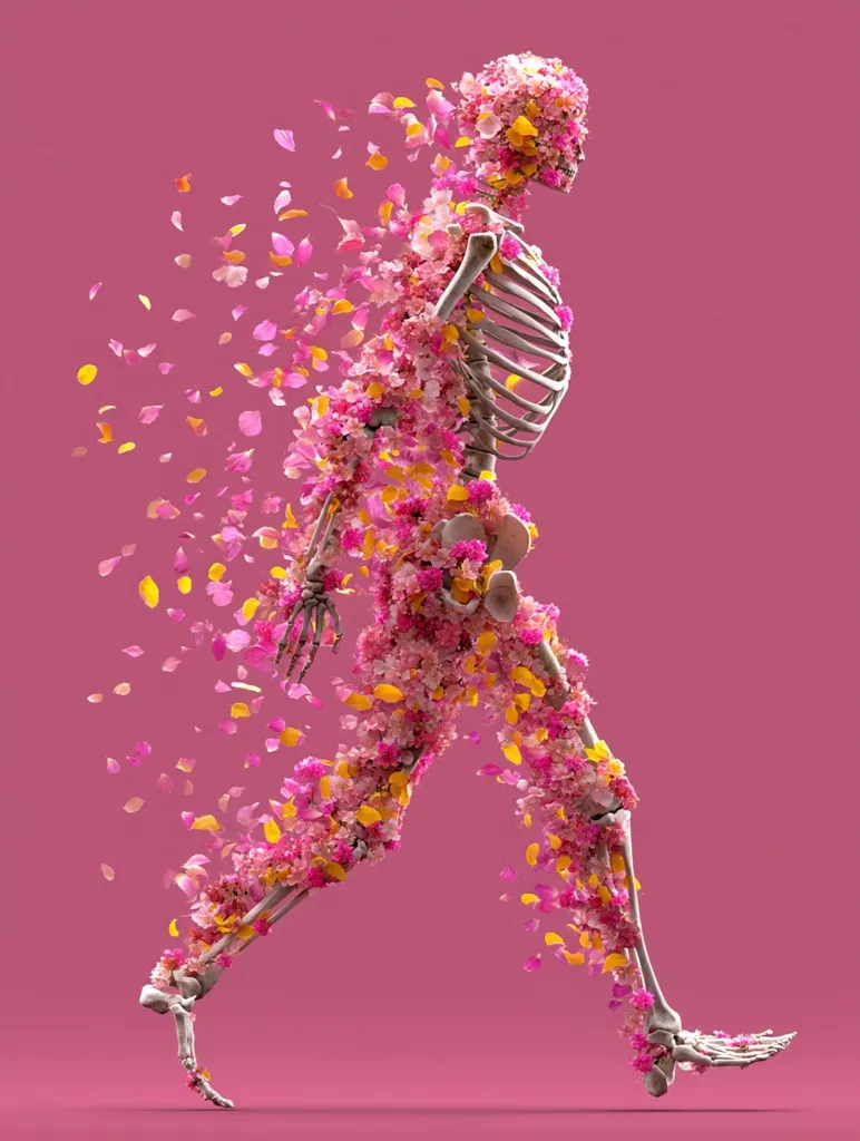 A skeletal figure, seemingly in motion, is adorned with vibrant pink and yellow flowers.  Petals gently detach and float around it against a solid pink background. The image creates a surreal contrast between the fragility of the skeleton and the blossoming beauty of the flowers, suggesting themes of life, death, and rebirth.