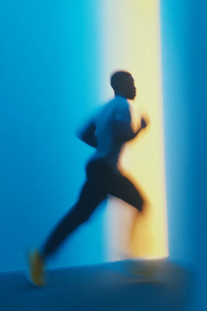 A blurred image depicts a person running past a vibrant, yellow-gold light source against a deep blue wall.  The runner, silhouetted and in motion, is captured in a dynamic, almost abstract style, emphasizing speed and energy. The contrasting colors create a striking visual effect, highlighting the movement and the interplay of light and shadow.