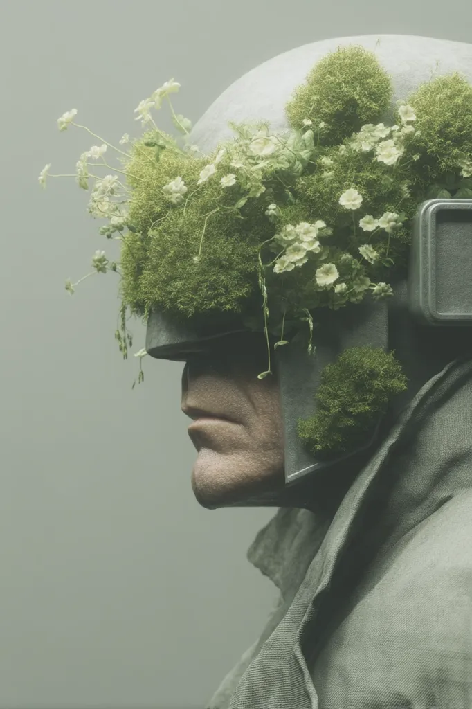 A profile view of a figure wearing a futuristic helmet adorned with moss and delicate white flowers. The helmet's design is sleek and grey, contrasting with the vibrant green of the natural elements. The figure's face is partially obscured, adding to the mysterious and artistic composition. The overall color palette is muted and earthy, creating a serene yet intriguing image.