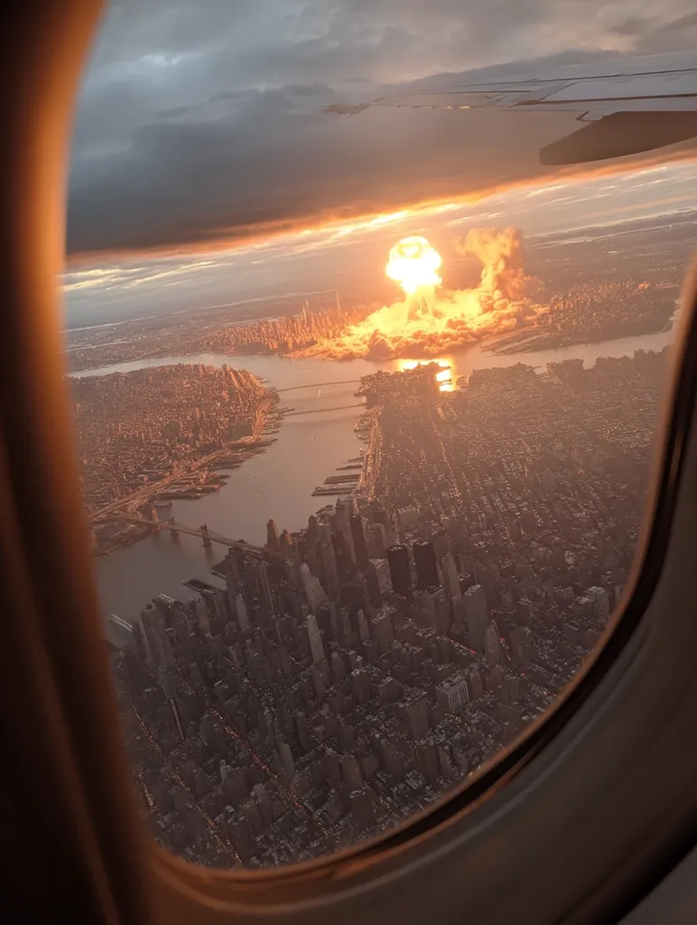 A breathtaking aerial view from an airplane window captures a massive explosion over a sprawling cityscape, likely New York City, at sunset.  The fiery orange and yellow mushroom cloud dominates the center, its reflection visible in the water below.  The city stretches to the horizon, bathed in the warm glow of the setting sun, creating a dramatic and surreal scene. The contrast between the destruction and the serene sunset is striking.