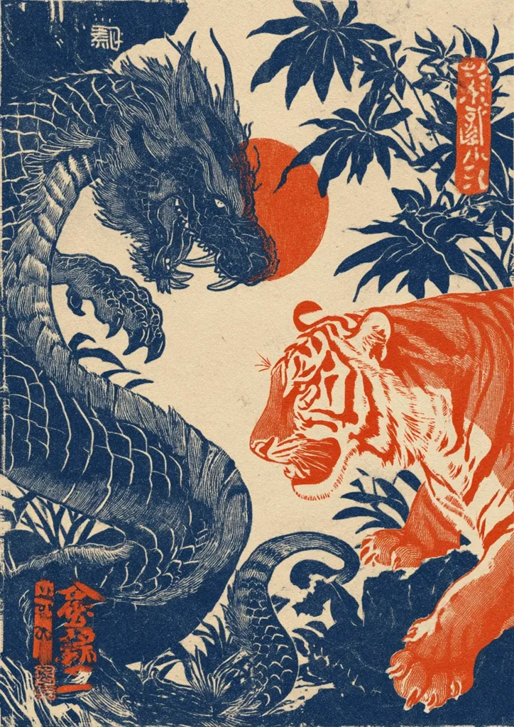 A striking woodblock print depicts a dramatic confrontation between a vibrant orange tiger and a deep blue dragon.  The animals are rendered in bold lines and contrasting colors against a muted beige background. Lush foliage and a large orange sun add depth to the composition, creating a powerful visual narrative of mythical creatures in a Japanese aesthetic style.  Japanese characters are visible in the corners.