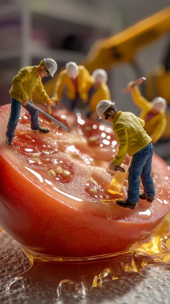 Miniature construction workers, wearing yellow hard hats and jackets, diligently work on a giant cut tomato.  They use small shovels and tools, meticulously excavating the tomato's interior.  A blurred yellow construction vehicle is visible in the background, adding to the whimsical scene of miniature workers on a large-scale food project.  The tomato is glistening with its own juices.