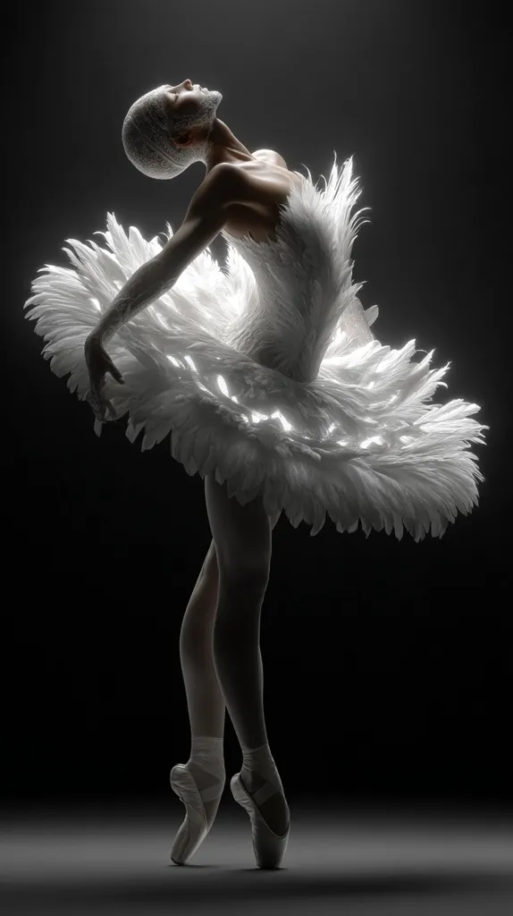 A ballerina, poised in a graceful arc, is captured in a dramatic, monochromatic image.  Her white tutu, resembling a cloud of feathers, contrasts sharply against the dark background.  The dancer's elegant posture and the soft lighting emphasize the fluidity and artistry of ballet.  Her pointe shoes rest lightly on the floor, completing the image's powerful yet delicate composition.