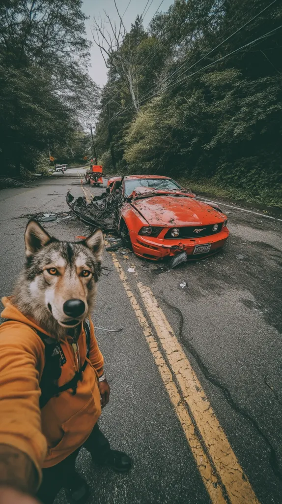 A person wearing a wolf mask takes a selfie next to a severely damaged red sports car on a road through a wooded area.  The car appears to have been in a significant accident, with extensive front-end damage.  A tow truck is visible in the distance. The scene is overcast and the road shows signs of wear.