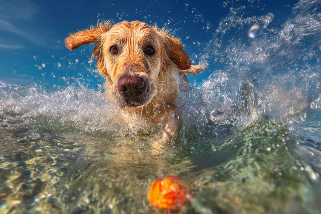 A golden retriever dog bursts through the surface of the ocean water, splashing and creating a spray of droplets.  The dog is in sharp focus, its face directed towards the camera, with an orange toy visible just below the surface. The background is a vibrant blue sky, adding to the playful summery scene.