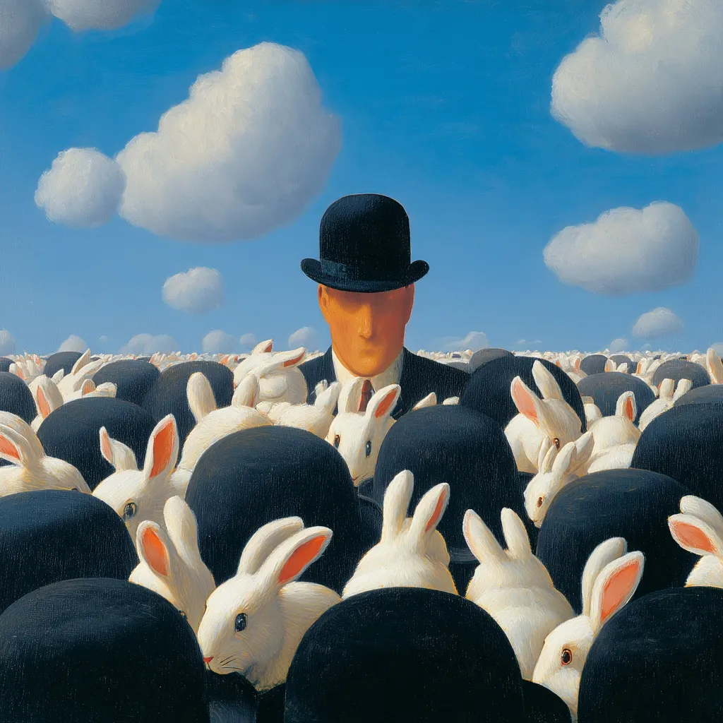 A man in a bowler hat stands subtly amidst a sea of white rabbits partially obscured by dark bowler hats.  The scene is surreal, painted in a precise, almost photographic style against a bright blue sky dotted with fluffy white clouds. The artwork evokes a sense of anonymity and conformity, perhaps suggesting themes of individuality versus the collective.