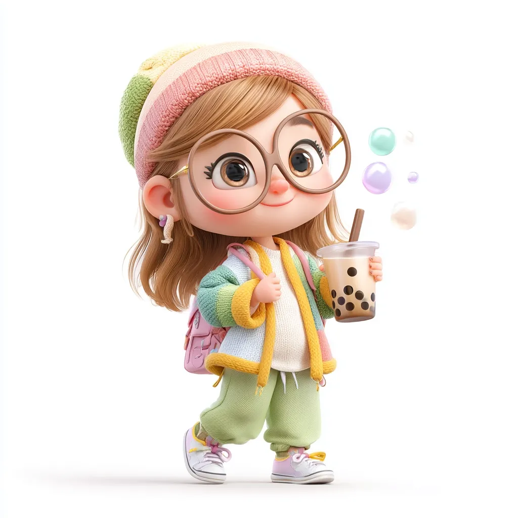 A cute, 3D-rendered girl with long brown hair, wearing a pastel-colored knit hat, oversized glasses, and a rainbow cardigan, carries a pink backpack and a cup of boba tea.  She's walking, and pastel-colored bubbles float around her, adding to the whimsical, childlike charm of the image.  Her attire and accessories are fashionable and playful.