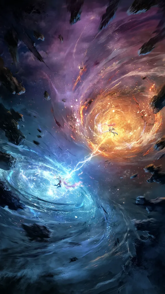 A cosmic battle unfolds between two figures, one engulfed in fiery orange energy, the other in cool blue.  They clash amidst swirling galaxies, their powers creating vortexes of light and energy.  Debris floats in the vast, dark space surrounding them, highlighting the immense scale of their confrontation. The scene is a breathtaking display of power and opposing forces.