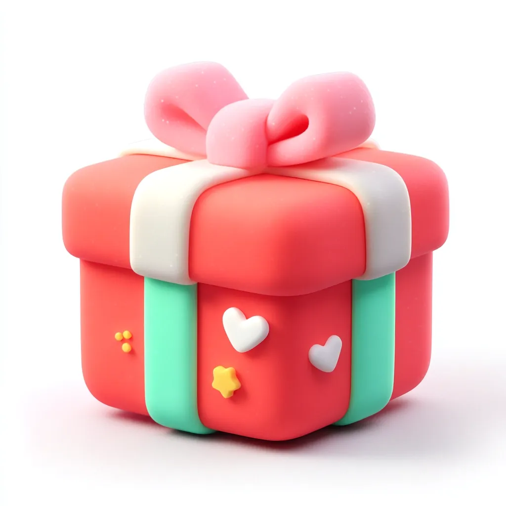 A charming, 3D-rendered gift box is depicted.  It's a coral-pink color with white and teal accents, adorned with a pink bow and small decorative hearts and a star. The box has a soft, almost clay-like texture, giving it a playful and sweet appearance, perfect for a celebratory or romantic occasion.