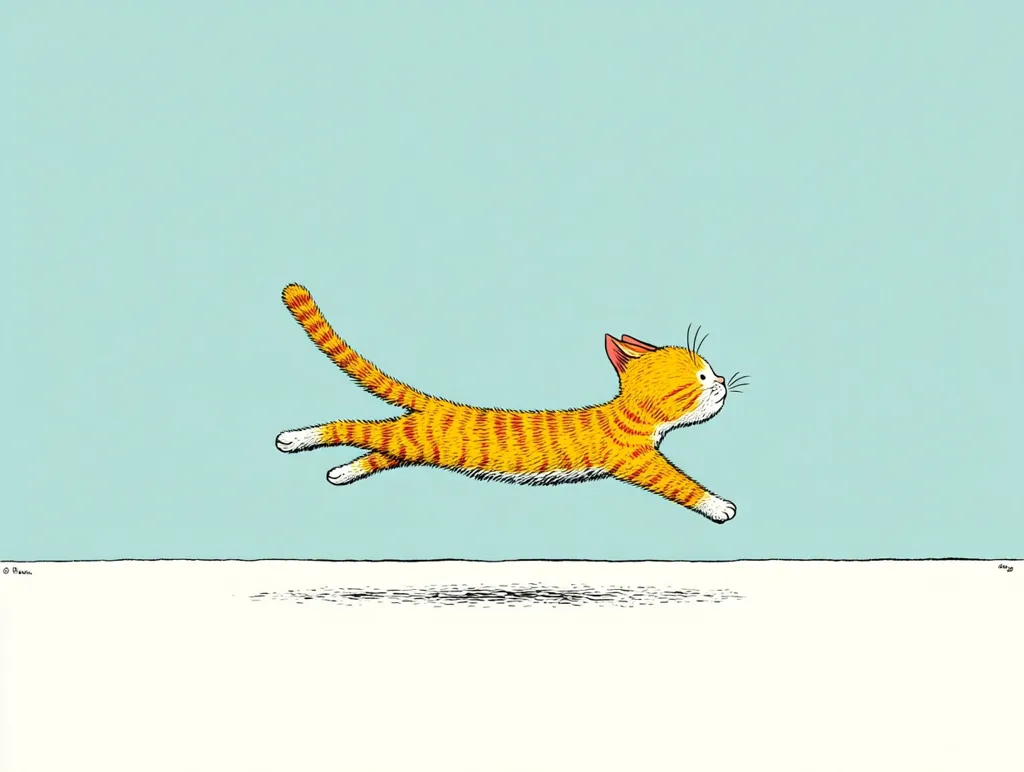 A ginger tabby cat is depicted mid-leap against a pale teal background.  Its body is stretched out, paws extended, and tail trailing behind. The cat appears to be jumping across a small, implied space indicated by a dark smudge on the white ground below. The style is simple, almost cartoonish, with bold lines and flat coloring.