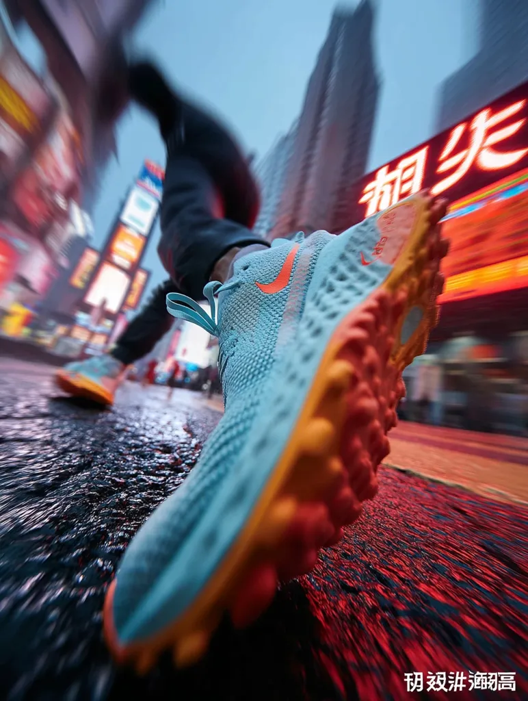 A close-up, ground-level shot captures a runner's perspective in a bustling city.  The focus is on a vibrant teal Nike React shoe with orange detailing, its textured sole suggesting a rugged design.  The background blurs into a motion-streaked cityscape of bright lights and towering buildings, indicating speed and dynamism. The overall impression is one of energy and urban movement.