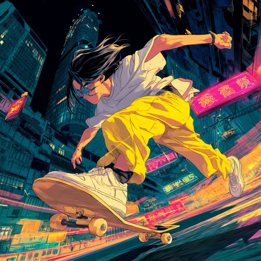 A dynamic illustration depicts a skateboarder with long dark hair and sunglasses, wearing a white shirt and vibrant yellow pants, executing a trick on a skateboard.  The backdrop is a bustling, neon-lit cityscape at night, with tall buildings and glowing signs in Chinese characters suggesting a vibrant Asian metropolis.  The style is energetic and stylized, with bold colors and dynamic lines.