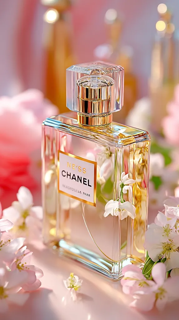 A bottle of Chanel N°5 L'EAU Eau de Toilette sits amidst delicate pink blossoms.  The clear glass bottle reveals a golden liquid, reflecting light. The gold cap and label are elegant. The overall image is soft, romantic, and luxurious, highlighting the fragrance's delicate floral notes.  The shallow depth of field focuses attention on the perfume bottle.