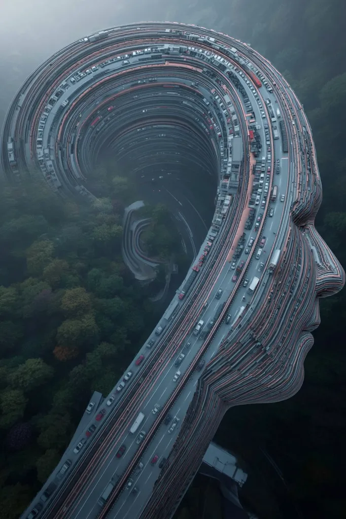 An aerial view reveals a striking digital art piece.  A stylized human face is formed from a multi-layered highway system, teeming with vehicles.  The highway spirals around the face, creating a visually stunning and somewhat surreal depiction of the human mind or perhaps the interconnectedness of modern society. The face is set against a backdrop of lush green forest, adding a contrast between nature and man-made infrastructure.