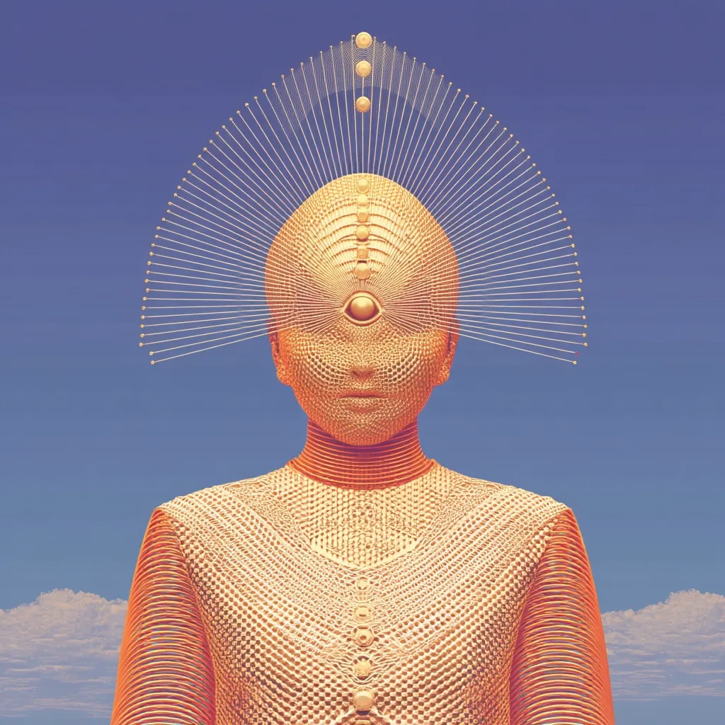 A golden, humanoid figure stands against a clear blue sky.  Its face is geometric, featuring a single, central eye.  A complex, radiating headdress crowns the head, extending outward in a sunburst pattern. The figure's body is adorned with intricate, honeycomb-like textures, suggesting a technological or spiritual essence.  A serene and slightly otherworldly atmosphere pervades the image.