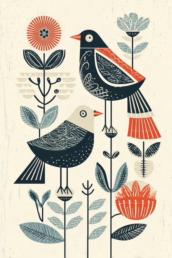 A stylized illustration features two birds perched amidst a garden of abstract flowers. The birds, rendered in navy and cream, have bold, graphic forms.  The floral elements are similarly simplified, with textured leaves and vibrant red and orange blooms against a creamy background.  The overall style evokes a vintage or folk art aesthetic.