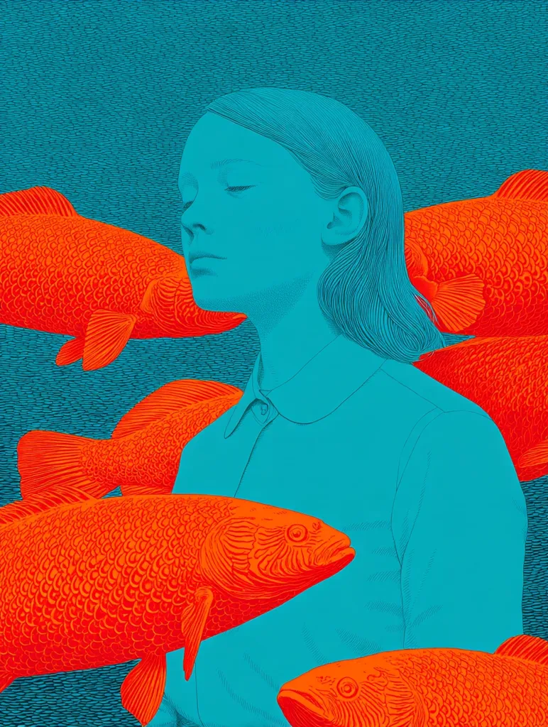 A stylized illustration features a serene young woman, rendered in teal, surrounded by vibrant orange fish.  Her eyes are closed, suggesting tranquility. The fish, intricately detailed, appear to swim around her, creating a visually striking contrast between the cool and warm tones. The artwork uses bold lines and a limited color palette for a striking effect. The background is a textured teal, mimicking an underwater scene.