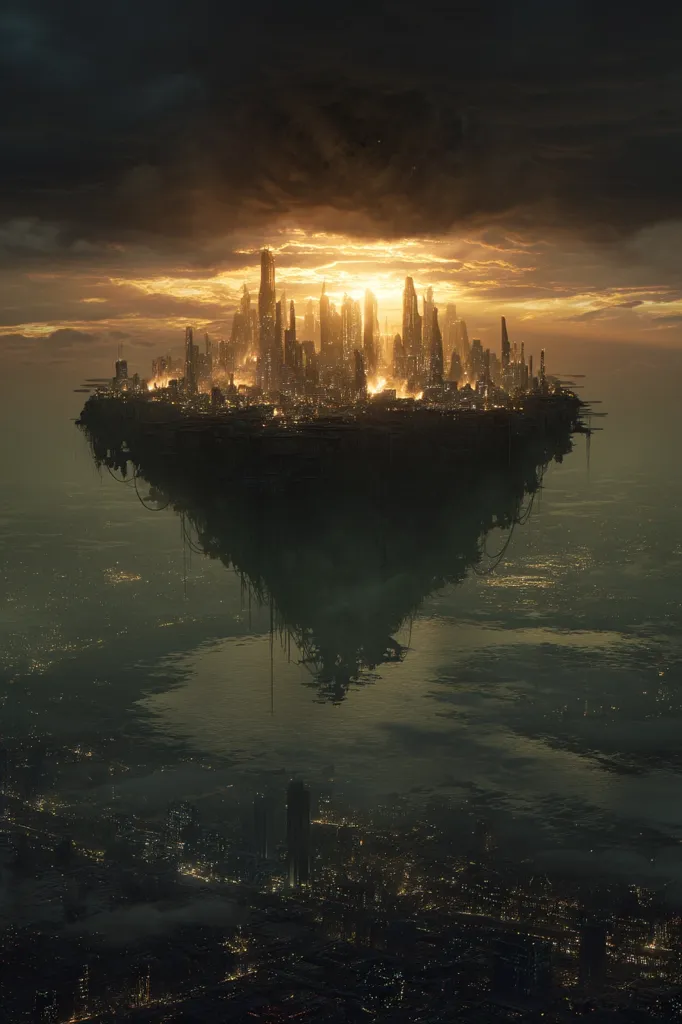 A futuristic city, illuminated by a warm sunset, floats suspended above a vast, dark body of water.  The city's skyscrapers pierce a dramatic, stormy sky. Below, another city stretches to the horizon, its lights twinkling faintly. The scene is a breathtaking blend of science fiction and atmospheric beauty, evoking a sense of mystery and wonder.