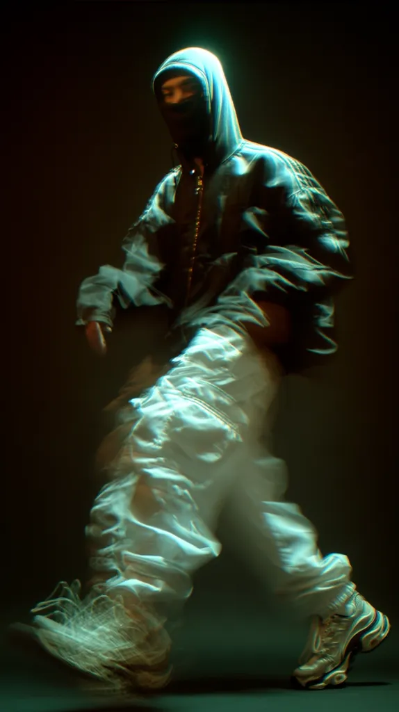 A stylized image of a person in motion, captured with a motion blur effect.  The individual is wearing a hooded jacket, a face mask, and light-colored baggy pants.  The overall aesthetic is dark and moody, with teal and green lighting highlighting the figure.  The blurred movement suggests dynamism and energy.